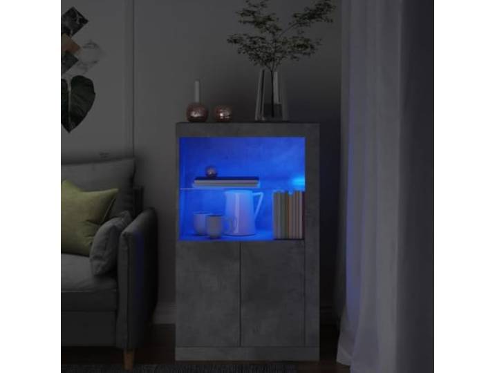 LPERTGFHU Beistellschrank mit RGB-LED-Leuchten, Betongrau Holzwerkstoff Moderne Wohnzimmer-Optik, Glasablage, Verstecktes Staufach, Stabile Bauweise