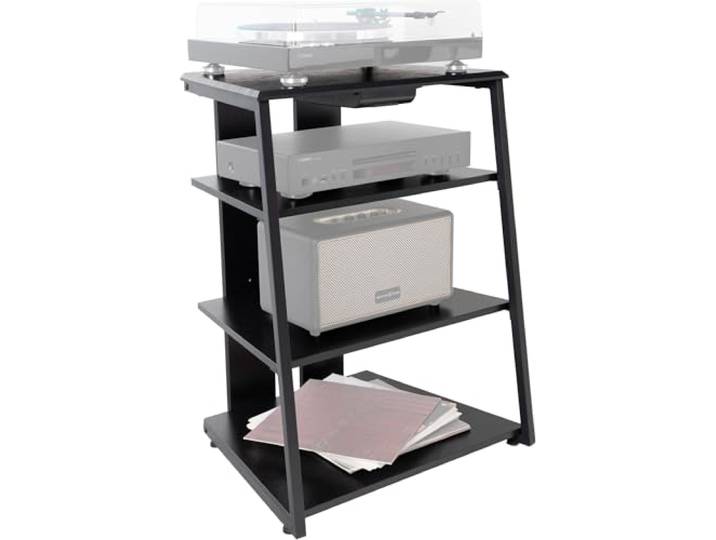 Stagecaptain HiFi Rack - Schwarze Esche Holzoptik, Stahlgestell – 4 Ebenen HiFi Regal, je zwischen 20-50 kg Tragkraft - Schublade & verstellbare Füße – Ideal für Plattenspieler, HiFi-Komponenten usw.
