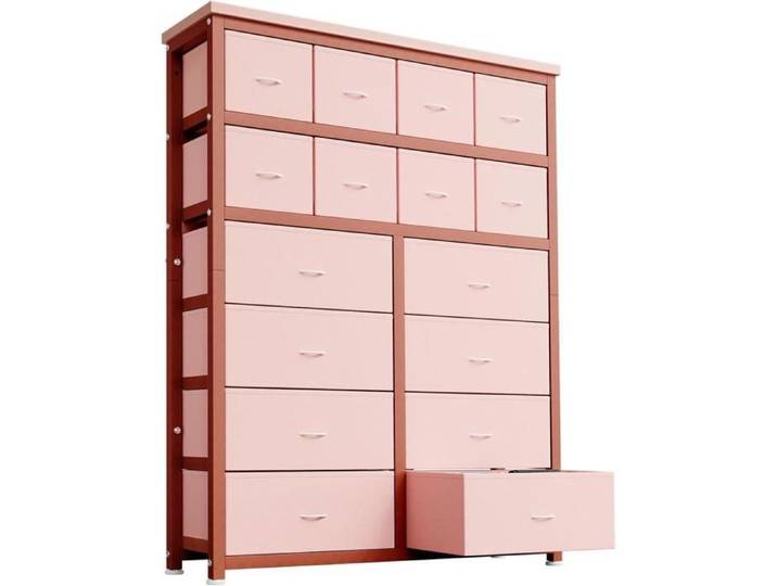 Commode 16 tiroirs tissu rose cadre métal chambre/salon/bureau