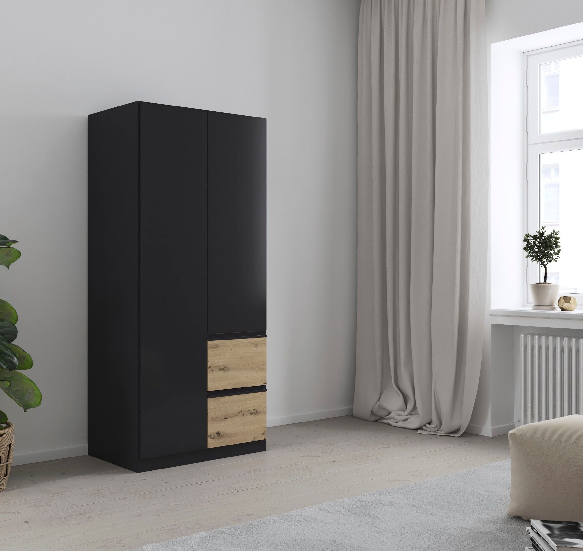 Drehtürenschrank RAUCH "Kleiderschrank Schrank Garderobe Wäscheschrank COSTA Breite 91 cm", schwarz (graumetallic, eiche artisan, eingriffe graumetallic), B:91cm H:197cm T:54cm, Holzwerkstoff, Schränke, Drehtürenschrank, Breite 91 cm grifflose Front mit P