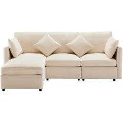 OKWISH Dreisitzer-Sofa 216x161x81 Chenille L-Form Fußhocker ergonomisch komfortabel Wohnzimmer Massivholz 150kg Beige