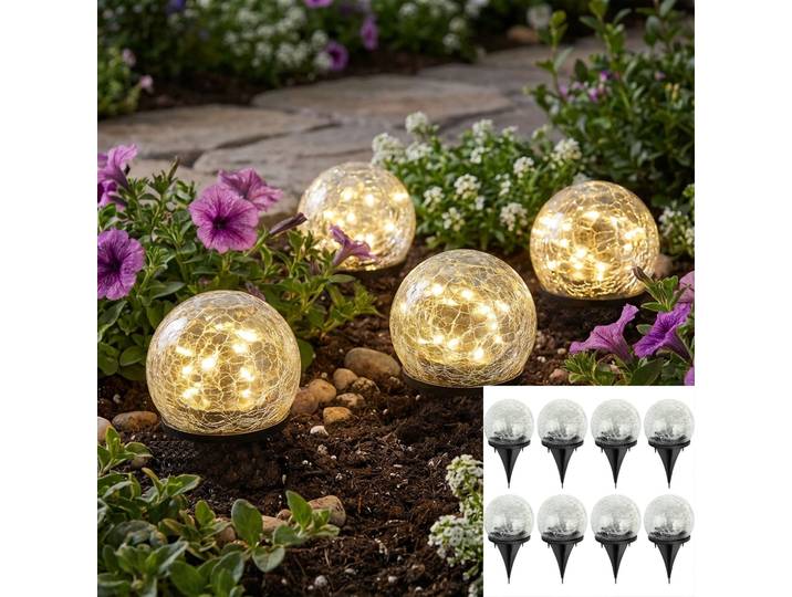 8er-Set Solar-Kugelleuchten Crackle Glas mit Erdspiess