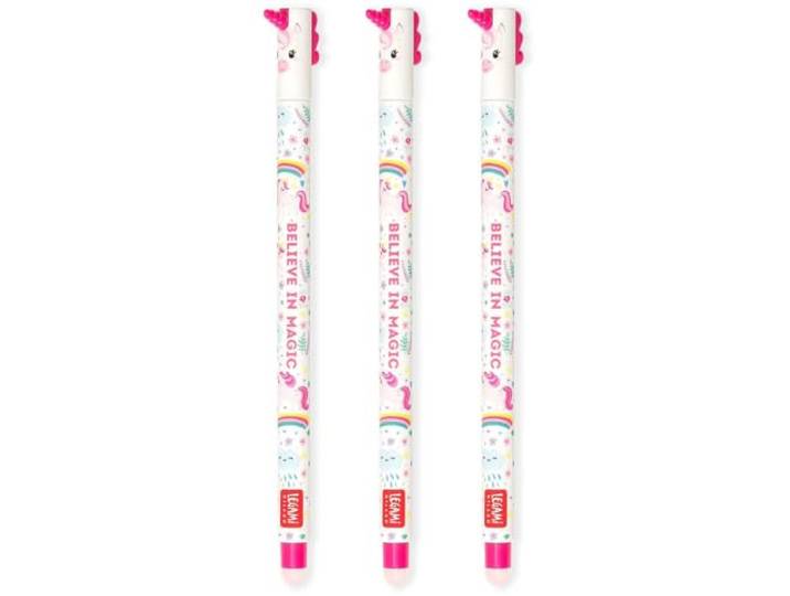 Legami - Set van 3 uitwisbare gelpennen met thermogevoelige gum-inkt, 0,7 mm punt, eenhoorn-designs