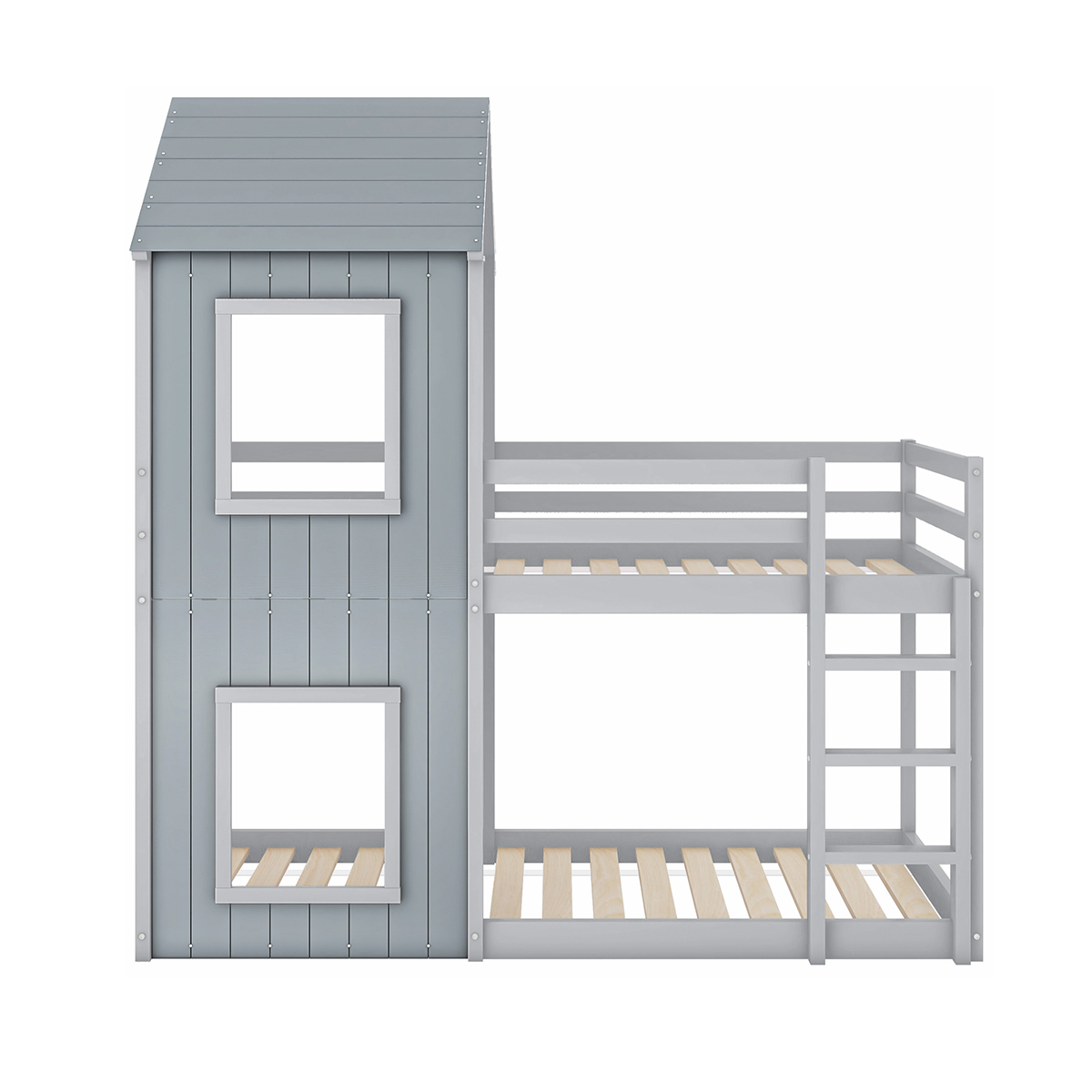 Etagenbett mit Leiter & Baldachin Massivholz Kinderbett Hausbett Jugendbett für Mädchen und Jungen 90*200cm Grau