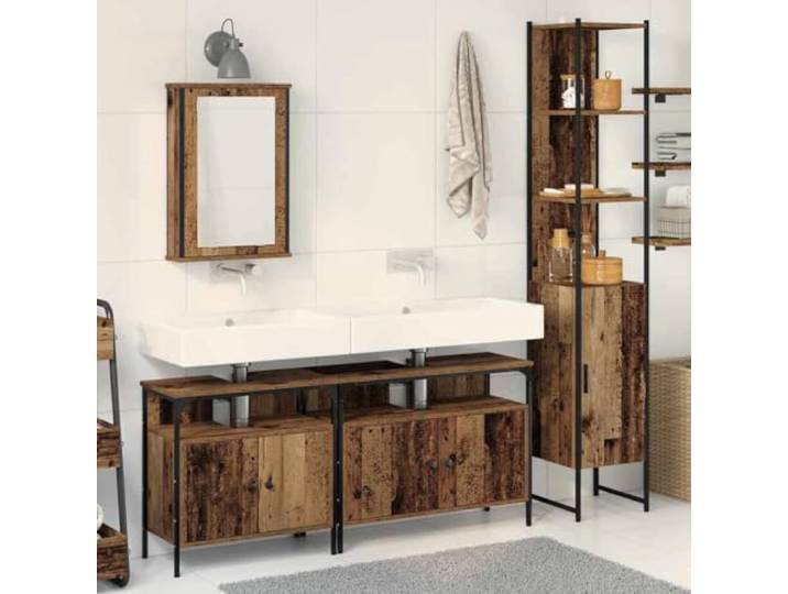 Badezimmermoebel-Set 4 stk. Altholz 33 x 33 x 185,5 cm Holzwerkstoff Mit Spiegelschrank, zwei Waschbeckenschraenken, hohem Schrank, wandmontierbar, feuchtraumgeeignet