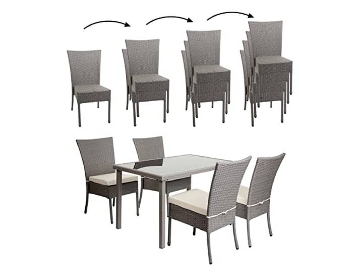 Mendler Poly-Rattan Garnitur HWC-G19 120x75cm - grau, Kissen Creme Sitzgruppe, Balkon-/Lounge-Set, 4xStuhl+Tisch