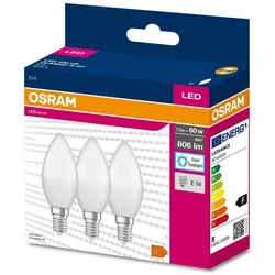3er Pack OSRAM E14 LED Lampe in Kerzenform matt 7,5W wie 60W kaltweißes Licht 6500K