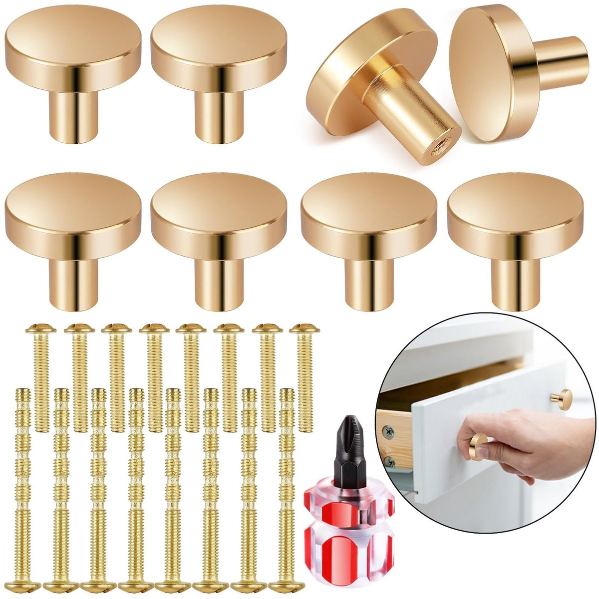 Dailygoods Set van 8 Ronde Gouden Deurknoppen van Metaal - 25 x 30 mm
