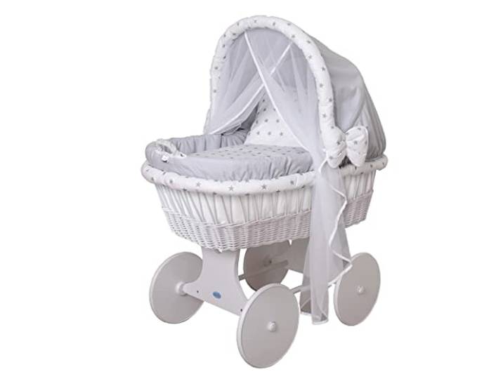 waldin Stubenwagen Baby Komplett aus Weide Zertifiziert EN 1130 Babywiege mit Weidenkorb Handgemacht Himmel Matratze Bettwäsche Holzgestell Leise Räder Baumwollstoff
