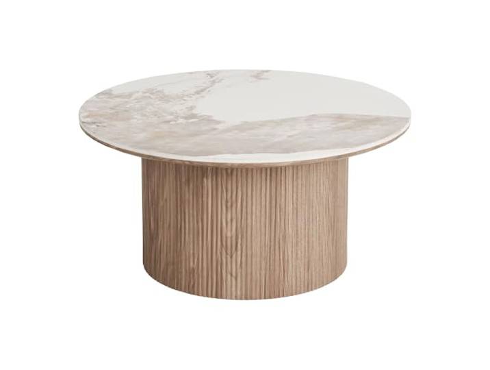 möbelando Couchtisch Athens – Moderner Wohnzimmertisch mit Keramikplatte Ø 80 cm, Weiß/Dunkelbraun – Pflegeleicht, Stabil & Stilvoll für Wohnzimmer & Lounge