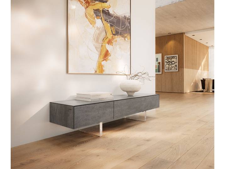 DELIFE Lowboard Cuor 150 cm Keramik Beton Grau 1 Klappe 1 Schubfach Fuß Schwebeoptik Acrylglas, Lowboards