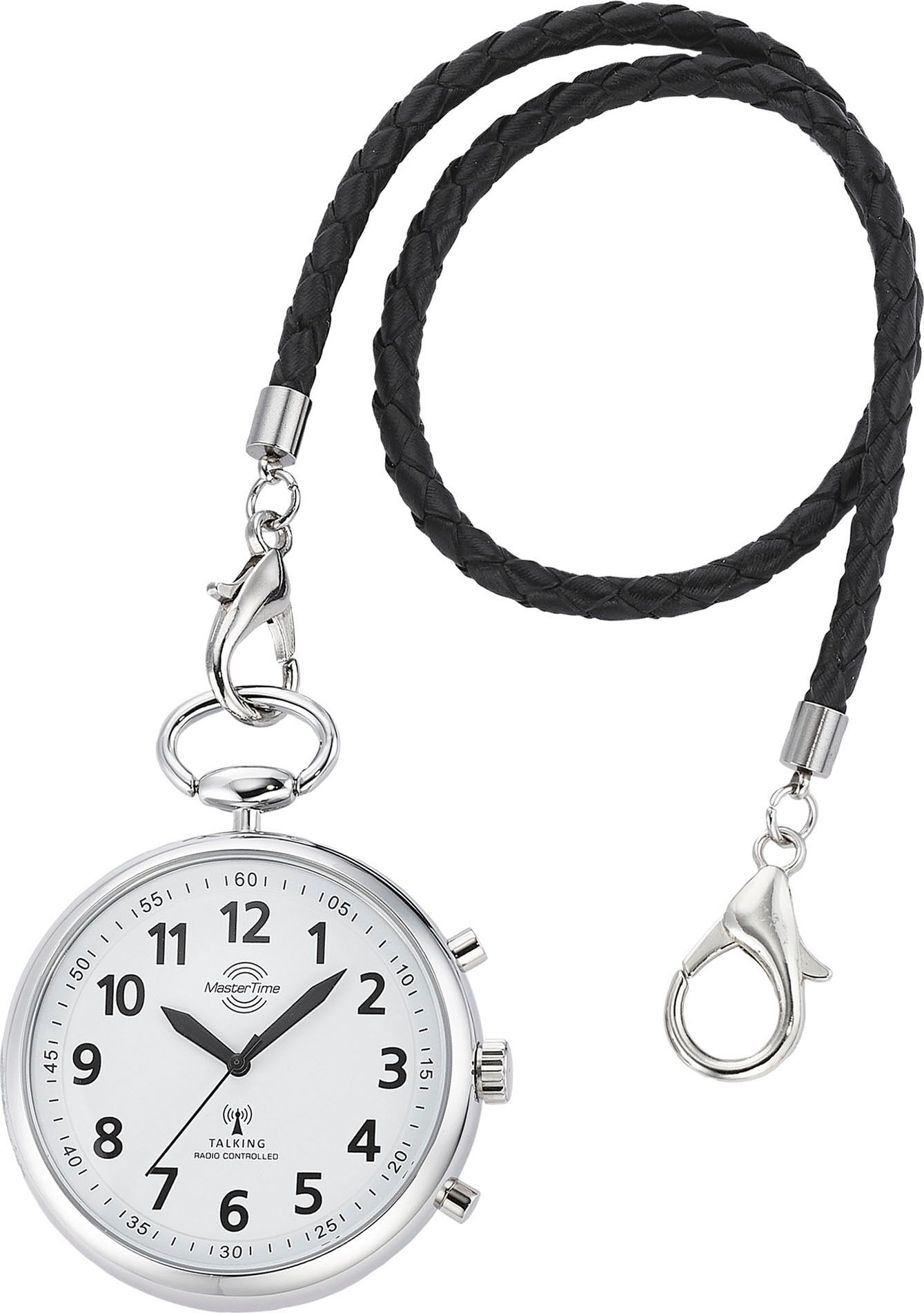 Taschenuhr MASTER TIME "Sprechende Taschenuhr", silber (silberfarben), Taschenuhren, Damen, Taschenuhr, sprechende Funkuhr, Quarzuhr, Status Funkempfang, 4 Alarmzeiten