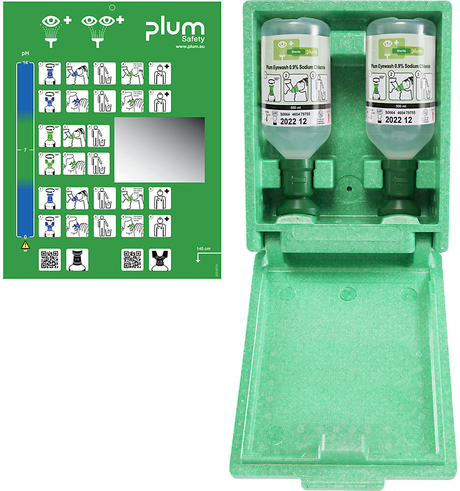 Notfall-Wandbox mit Augenspülflaschen, 2 x 500 ml 0,9 % NaCl, steril plum