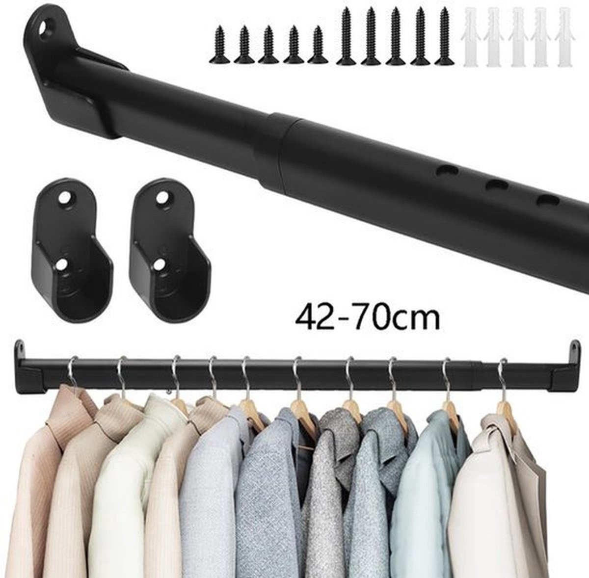 Flintry Uitschuifbare ovale kledingstang voor wandmontage, 42-70 cm