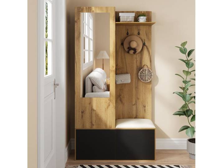 Meuble d'entrée avec miroir banc 5 crochets et range-chaussures MDF noir et bois naturel