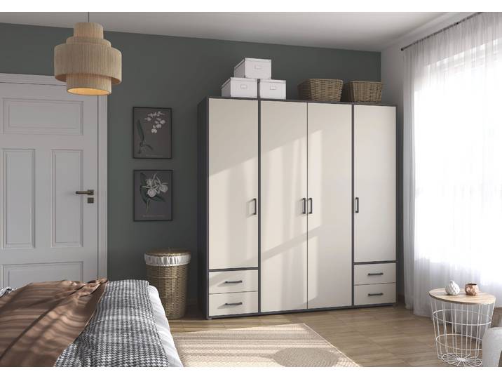 Kleiderschrank RAUCH Drehtürenschrank Schrank Garderobe Wäscheschrank VOYAGER , beige (kaschmir (champagner), graumetallic, griffe graumetallic), B:187cm H:194cm T:53cm, Holzwerkstoff, Schränke, Kleiderschrank, mit 2 modernen Griffvarianten, mit Außenschubladen MADE IN GERMANY