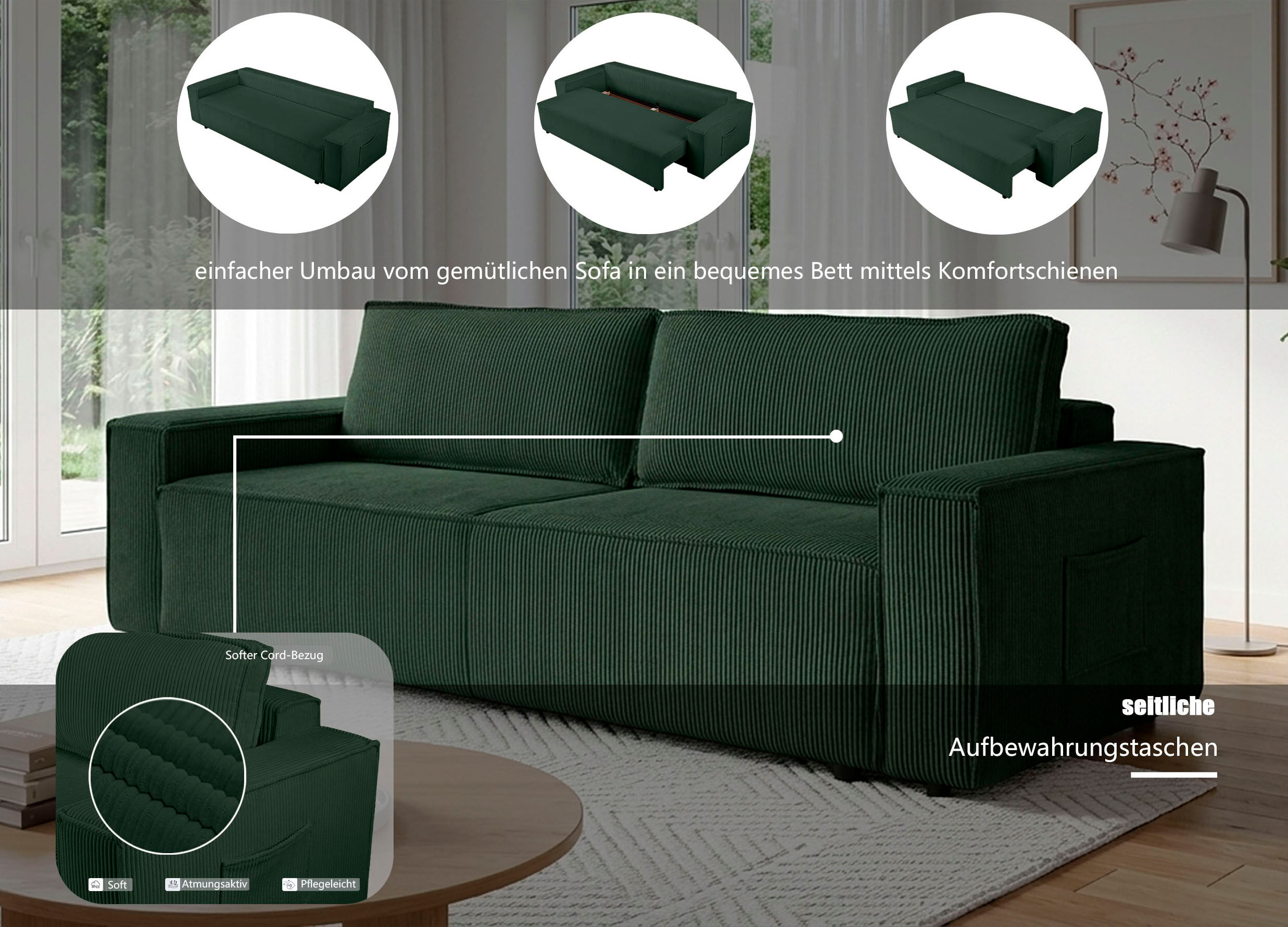 Schlafsofa OTTO HOME "CASSI 3-Sitzer, 240 cm - OTTO. Verlässliche Qualität.", grün, B:240cm H:80cm T:48cm, Sofas, Schlafsofa, Schlaffunktion (134/200), Bettkasten, Cord, Unser Tiefpreis