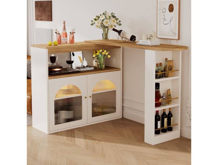 Zitty Table de Bar Pivotante Mange-Debout Extensible avec LED et Rangement 138-193x39x105cm Bois Blanc