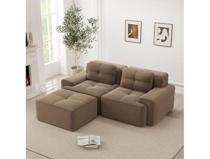 Canapé Modulable Assise 74 Cm Marron En Velours Côtelé Avec Ottomane Et Dossier Courbé