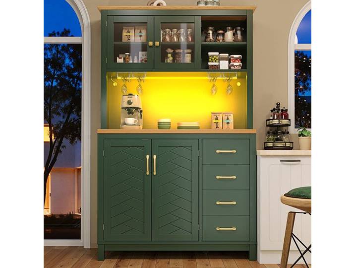 Buffet de Cuisine Haut 105 5x40x180cm avec LED et Tiroirs Buffet Cuisine Rangement avec 4 Portes et Porte-gobelets Vert