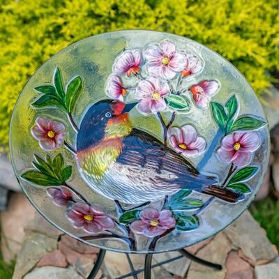 Zaer Ltd. "18"" Glass Bowl Robin Birdbath with Metal Stand ""Michigan"""