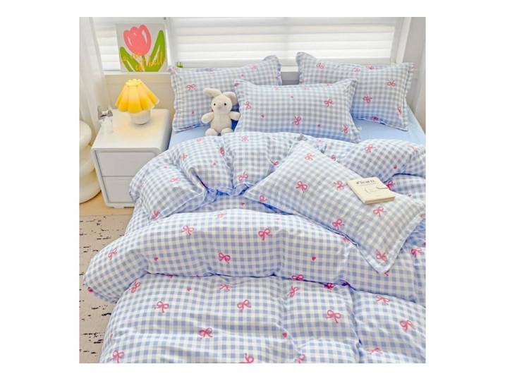 LuxusKollektion Jugendbettwäsche Bettwäsche 135x200 4tlg Blau Kariert Rosa Schleifen