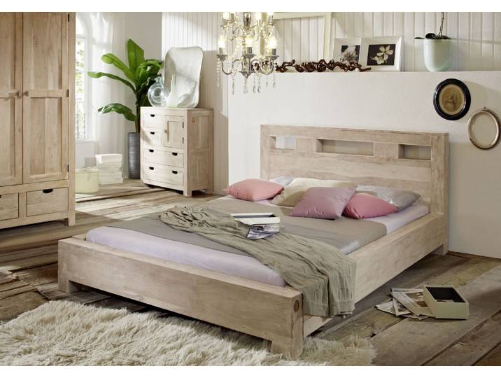 Bett Akazie 180x200x90 white stone getüncht  NATURE WHITE #202