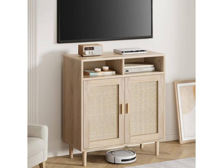 Meuble de Rangement - SALUT - Buffet Rotin Naturel - 92cm Hauteur - Étagère Ouverte & Armoire Fermée - Multi-usage