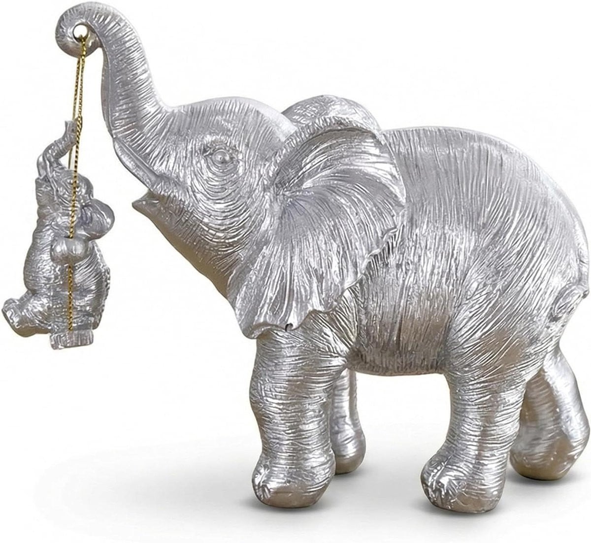 Zilveren Olifant Decoratie Beeld Geluk - Swingende Baby - H x B x D: 16 x 13,5 x 8,5 cm