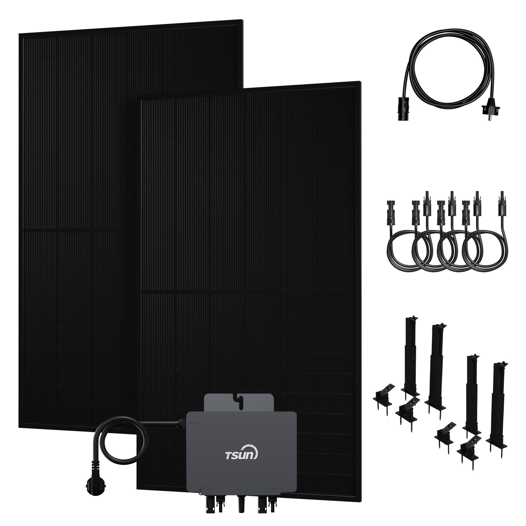 Powerness Balkonkraftwerk, 2x 500W PV Panel Bifazial Glas-Glas Solarmodul und TSUN 800W Mikrowechselrichter & Kabel & 2x Flachdach-Halterung 0% VAT