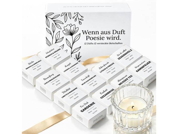 Duftkerzen Set 12 Stück mit versteckter Botschaft, Mehrfarbig, Paraffin, 5 cm, Dekoration, Kerzen & Kerzenhalter, Duftkerzen