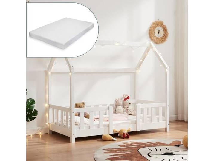 [en.casa] Kinderbett Sisimiut mit Matratze 70 x 140 cm Hausbett Montessori mit Rausfallschutz Holzbett für Kinder Bodenbett Lattenrost Kiefernholz Weiß