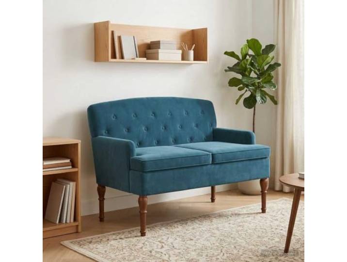 NLQMSU Sofa Love Seat Samt blau gepolstert Holz Technik Weicher Samt, Knopfpolsterung, abnehmbares Sitzkissen, gedrehte Gummibaumfüße, für den täglichen Gebrauch