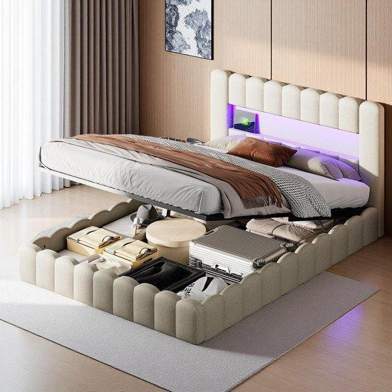 WAN Gestoffeerd Tweepersoonsbed met Opbergruimte, LED-verlichting en USB-poort, 180x200 cm
