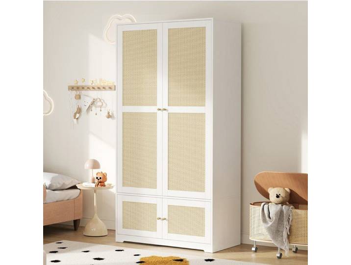 Armoire De Chambre Blanc MDF Rotin Armoire Battante FloraGrace Pour Chambre Avec Tringle Et Etageres 90x48x180cm