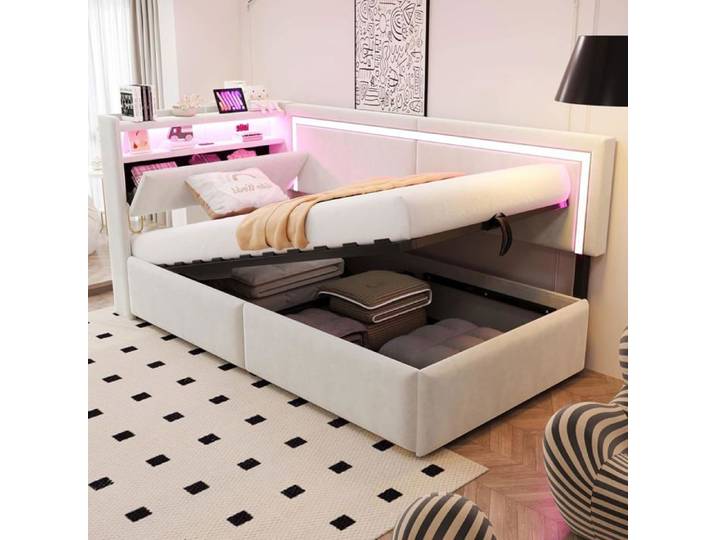 Canapé lit 90x200 avec éclairage LED et Prise USB Cadre de Lits Lits Coffre Lit Enfant Système de rangement hydraulique sous le lit