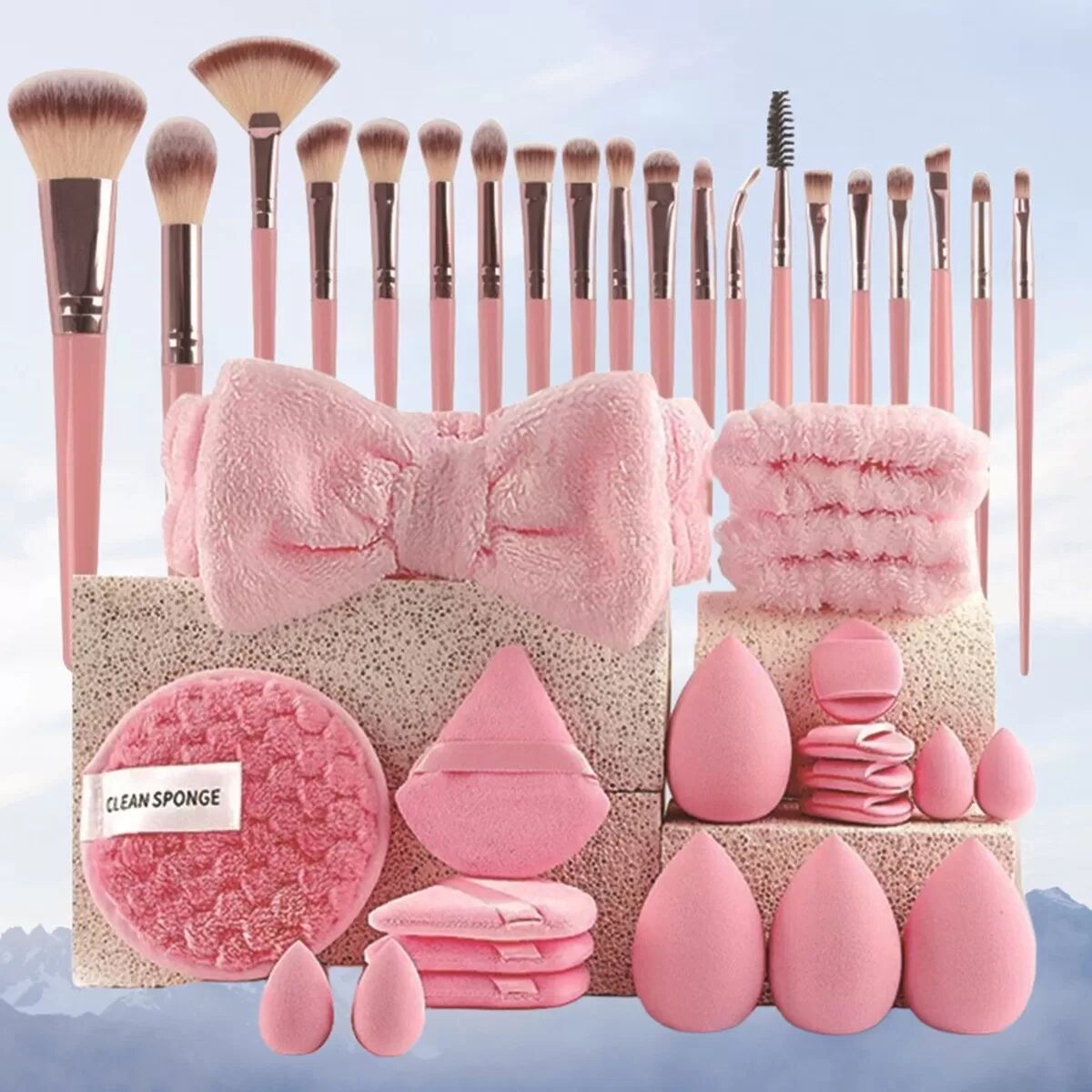 INF Ensemble de 40 pinceaux de maquillage roses avec éponges et accessoires - Kit de beauté complet