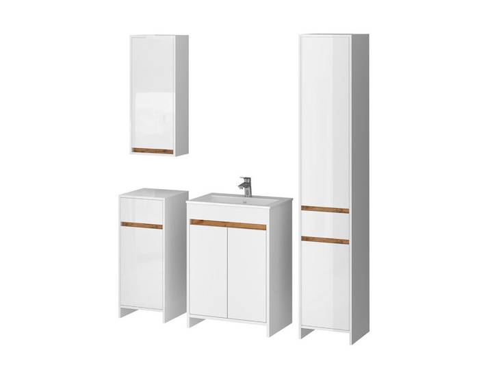 Vicco Badmöbel-Set Lemgo, Weiß Hochglanz, 5-teilig, Holzwerkstoff, 12 Fächer, 2 Schubladen, nicht einzeln stellbar,Rechteckig, 60x81.9x40 cm, Badezimmer, Badmöbelsets & -serien, Badmöbelset