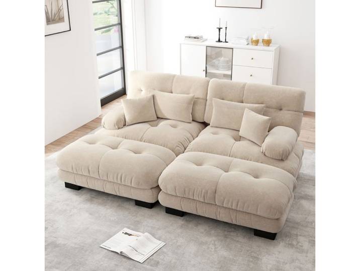 Canape D Angle En Chenille Beige Clair Canape Modulaire FloraGrace Pour Salon Avec 2 Ottomans Mobiles 220x145x81cm