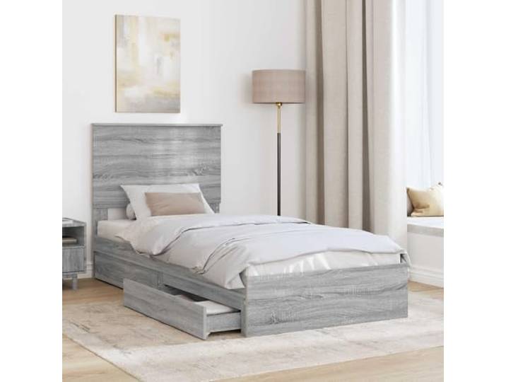 KTHLBRH Boxspringbett Grau Sonoma 75 x 190 cm Technisches Holz, 2 Schubladen, Lattenrost, Kopfteil inklusive, einfach zu montieren
