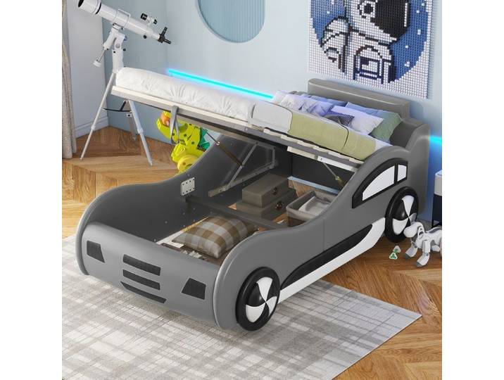 Lit Enfant - MERAX - Lit Voiture 90x200 cm - Coffre de Rangement - Sommier Inclus - Design Sport Gris