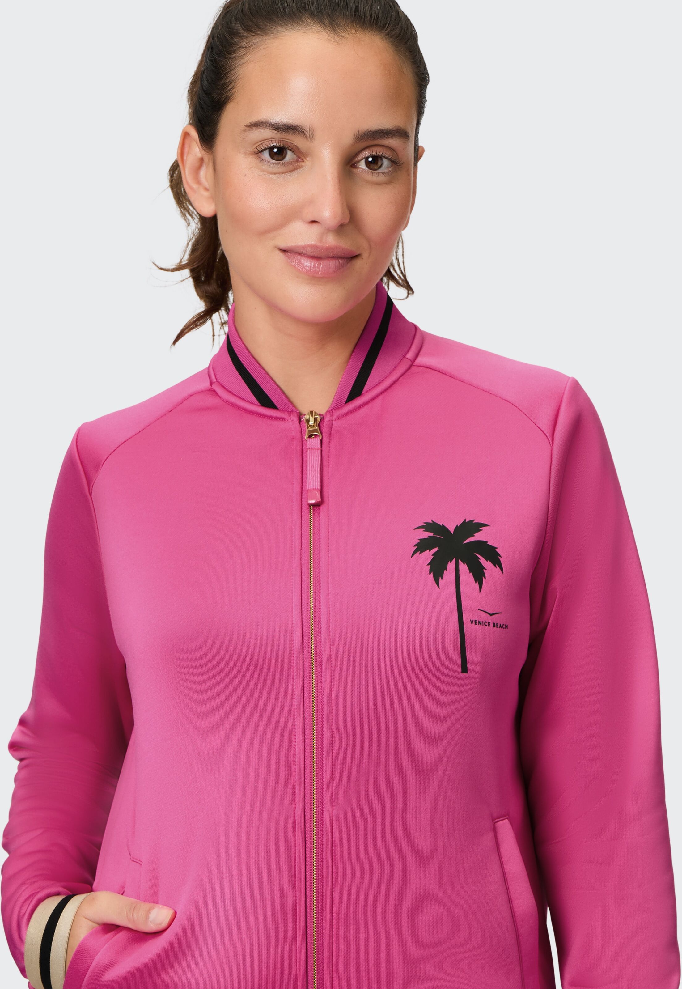 Sweatjacke VENICE BEACH "BOMBERJACKE MONICA", Damen, Gr. S (38), pink (peony), Obermaterial: 100% Polyester, Sweatjacken Sweatjacke, sportlicher Stil, für Sportmode und aktive Anlässe, aus Polyester peony S (38)