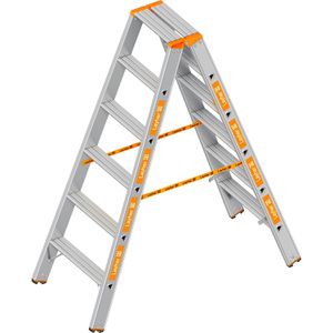 Layher Stehleiter Topic 1043, beidseitig begehbar, Schwerlastleiter aus Aluminium, bis 200kg, mit 2 x 6 Stufen