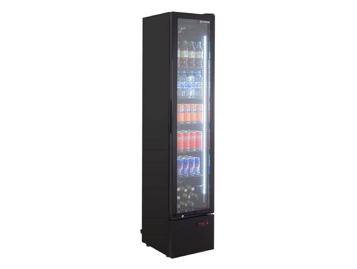 GastroHero Getränkekühlschrank Flaschenkühlschrank 160 Liter schwarz mit Glastür & LED Beleuchtung GKS-160, 188.8 cm hoch, 39 cm breit, Digitale Temperaturanzeige, höhenverstellbare Füße, Rollen