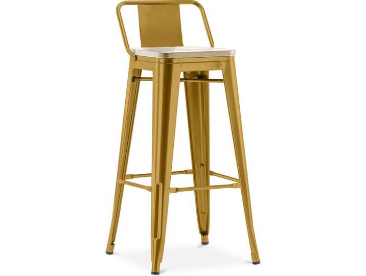 Tabouret de bar avec petit dossier Bistrot Metalix design industriel en Métal et bois clair - 76 cm - Nouvelle édition Doré
