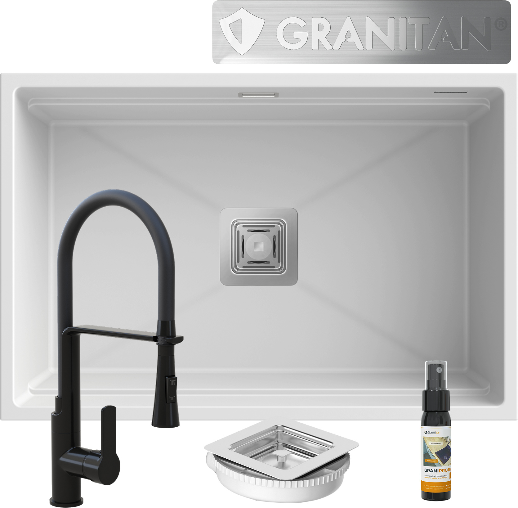 Granitan - Unterbauspüle - Granitspüle - mit Armatur & Siphon - quadratisch - Küchenspüle - EPIR