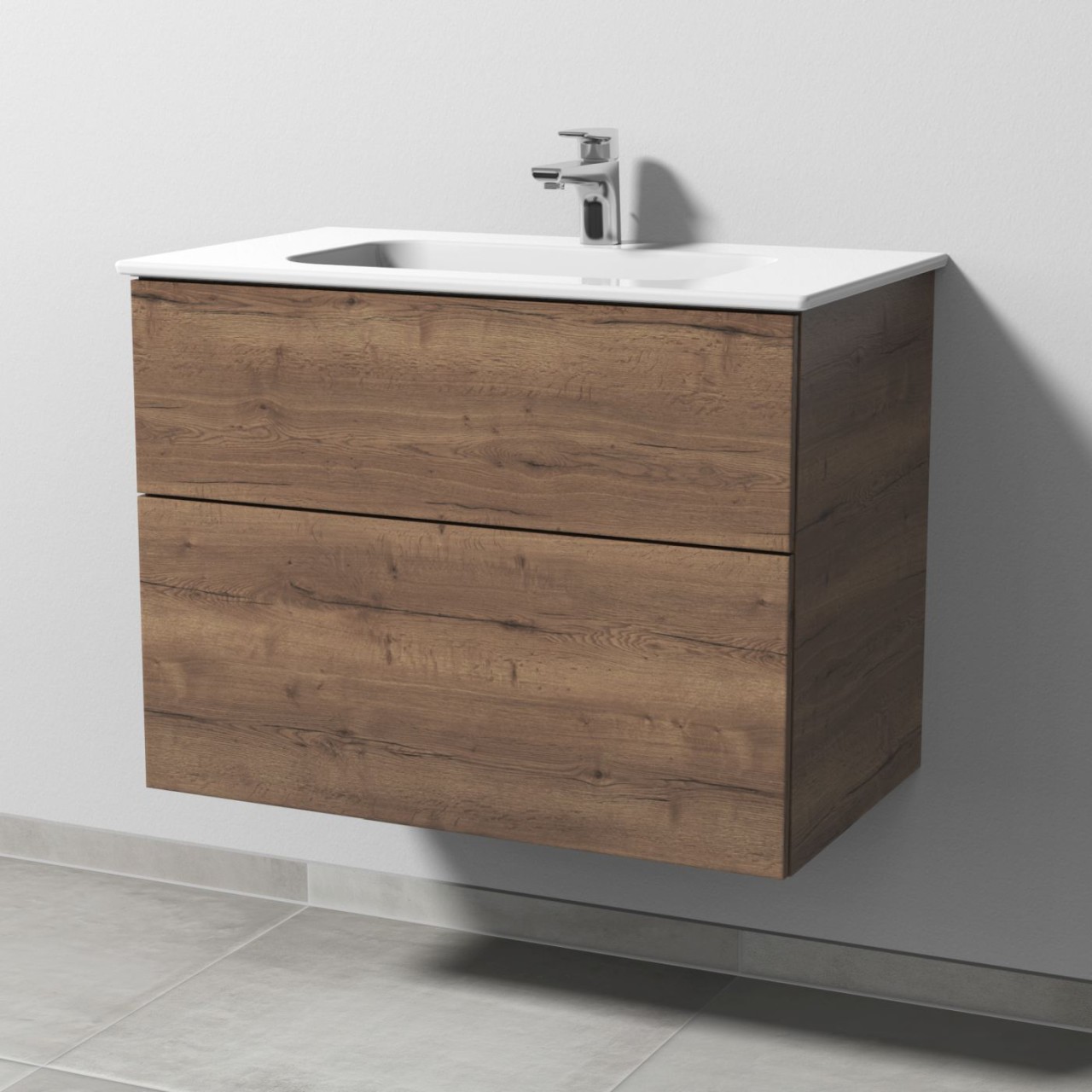 Sanipa 3way Keramik-Set Design Keramik-Waschtisch und Unterbau mit 2 Auszügen, Eiche-Tabak SM48050