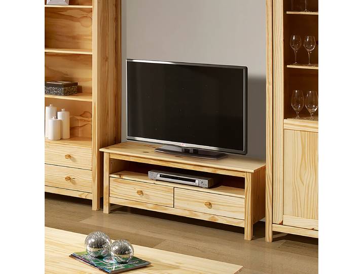 Meuble TV en bois massif Bukilen Pin massif verni Marron 110cm