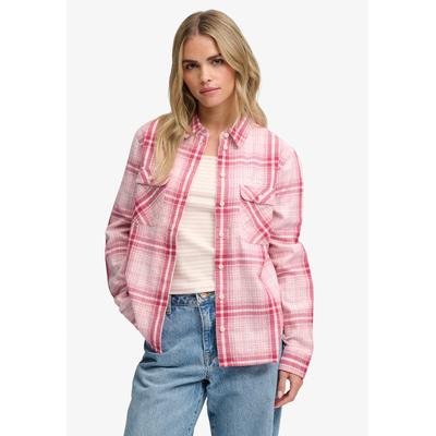 Karobluse SUPERDRY "LUMBERJACK CHECK FLANNEL SHIRT", Damen, Gr. S, rosa (pink weiß check), Web, Obermaterial: 100% Baumwolle, kariert, relaxed fit normal, Blusen Karobluse, Baumwolle, relaxed fit, aus weichem Flanell