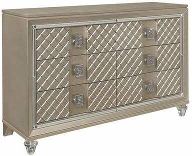 Benjara Loy Dresser, 55 Inch, 6 Drawers, Champagne Gold Metallic, Mirror Trim